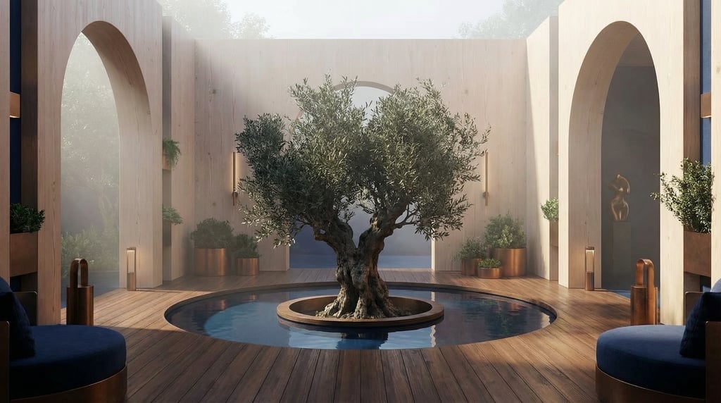 3D render of a contemplative garden enclosed by pale Douglas fir timber walls with Wide barrel-vault