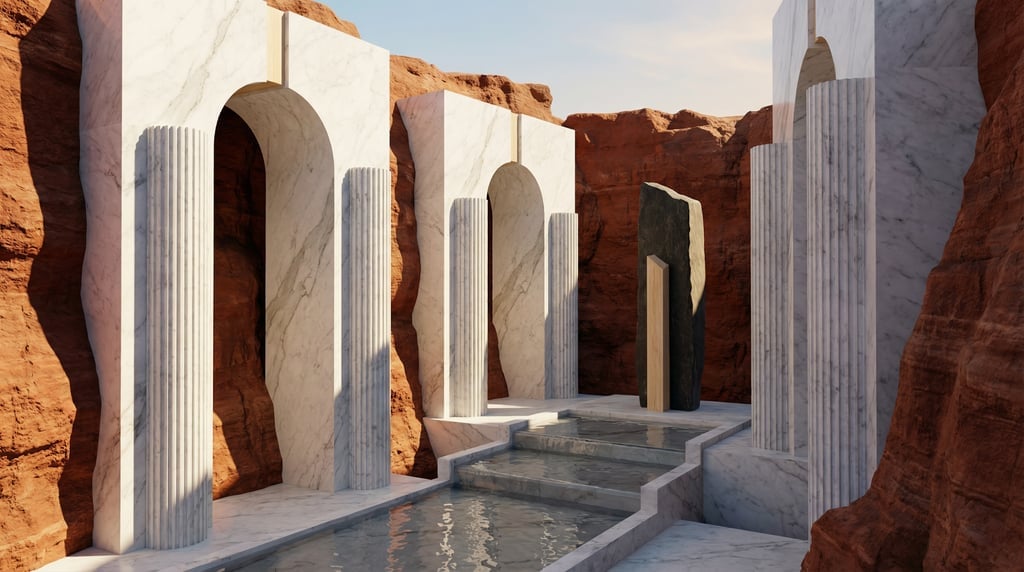 3D render of an arid landscape with geometric white Carrara marble structures emerging from rust-red