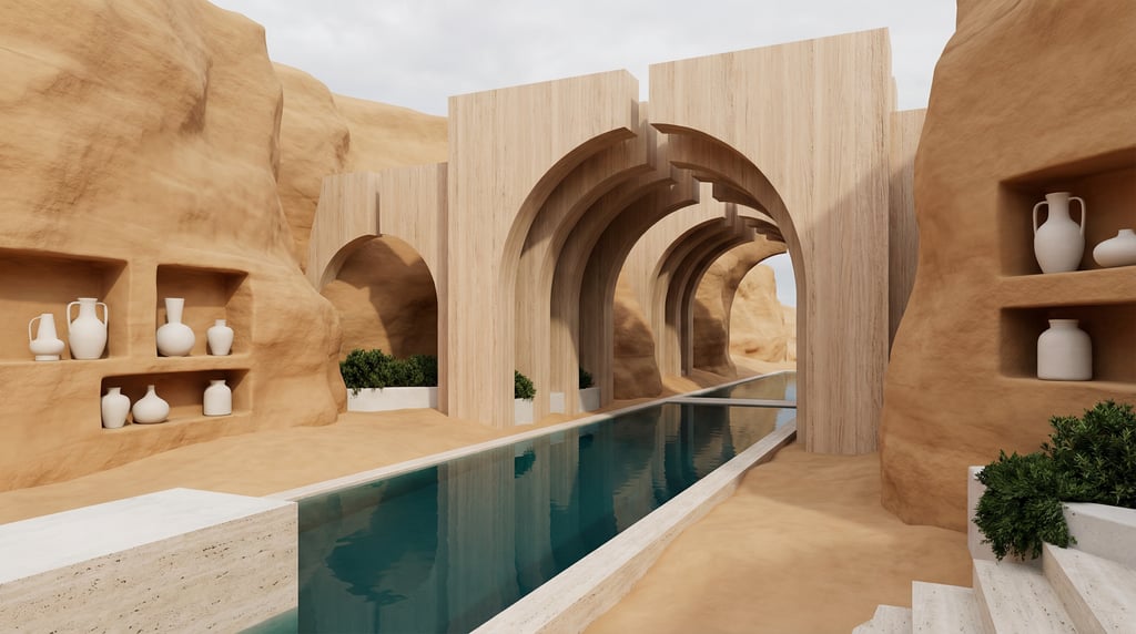 3D render of an arid landscape with geometric pale cedar wood structures emerging from smooth ochre