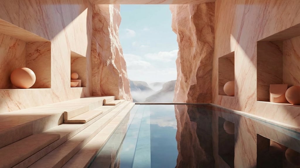 3D render of a Scandinavian spa carved into a rose-veined marble canyon