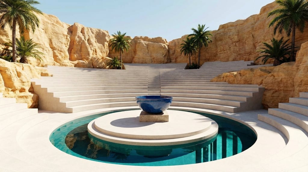 3D render of an open-air amphitheater carved into warm honey-toned limestone