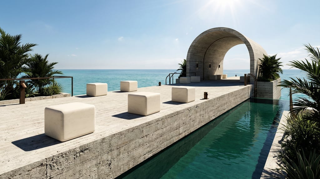 3D render of a weathered raw board-formed concrete pier extending into a calm turquoise ocean