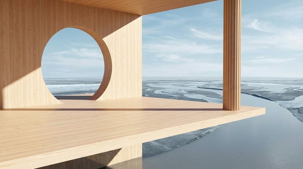 3D render of a cantilevered observation deck in pale Douglas fir timber extending over a wide river