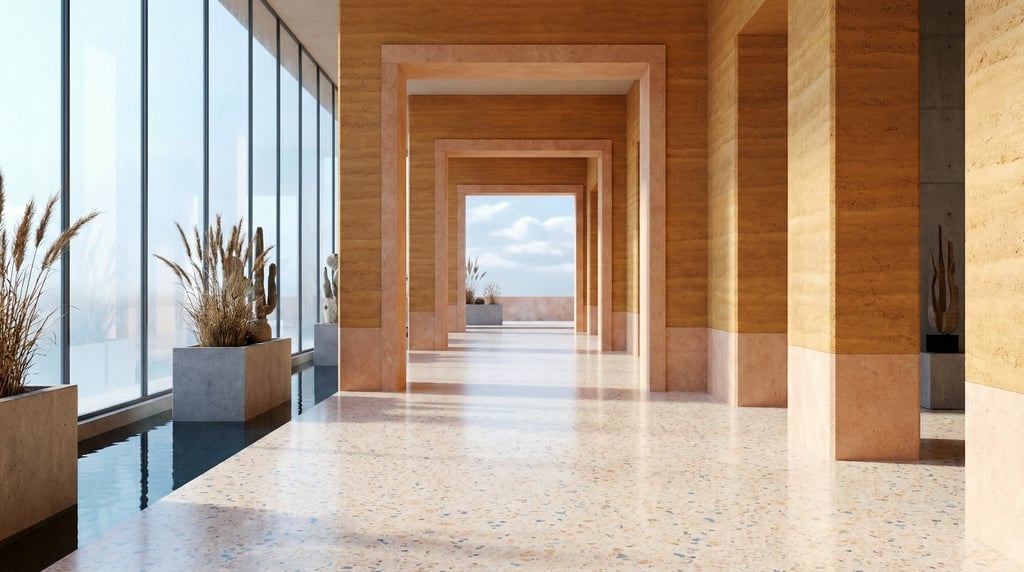 3D render of a Mediterranean gallery hall with rammed earth in warm ochre walls and pale terrazzo fl