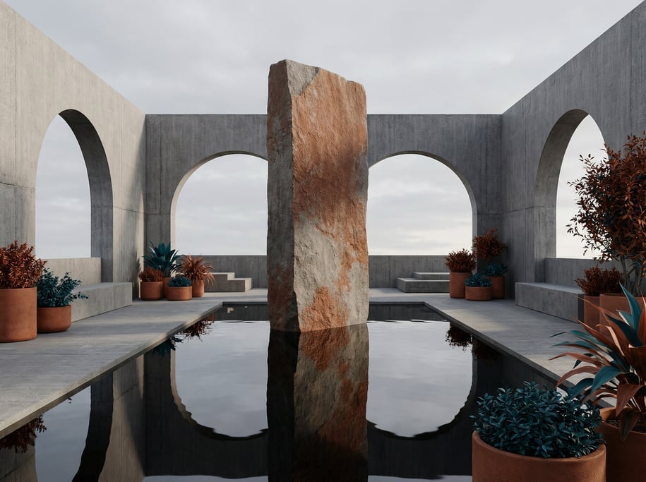 3D render of a rooftop garden pavilion with brushed concrete walls and an open sky above