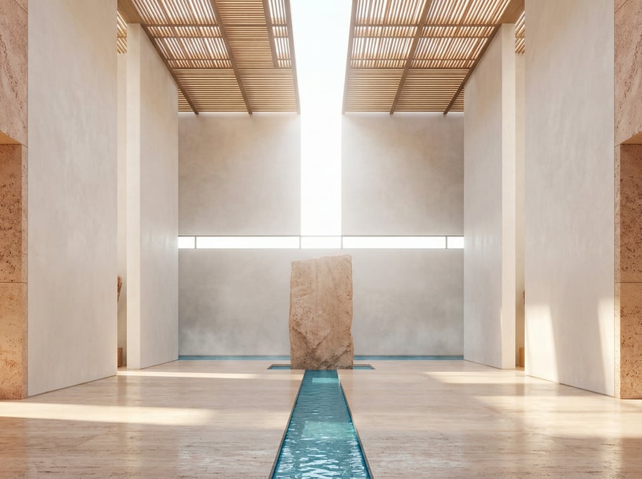 3D render of a monumental atrium with lime-washed plaster walls rising to a slatted timber roof filt