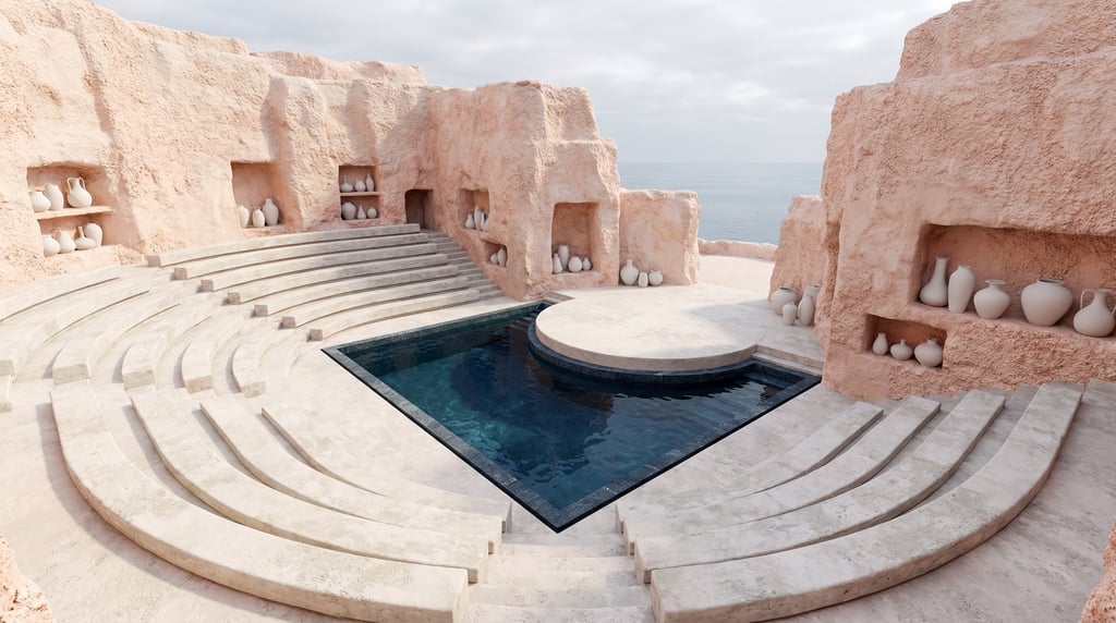 3D render of an open-air amphitheater carved into sun-bleached coral stone
