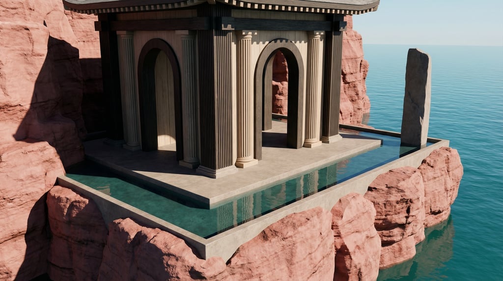 3D render of a Japanese-inspired coastal structure of dark stained oak and pale timber perched on ru