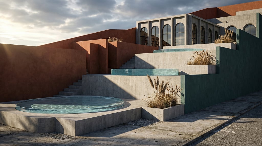 3D render of a hillside library with polished plaster retaining walls creating multiple levels