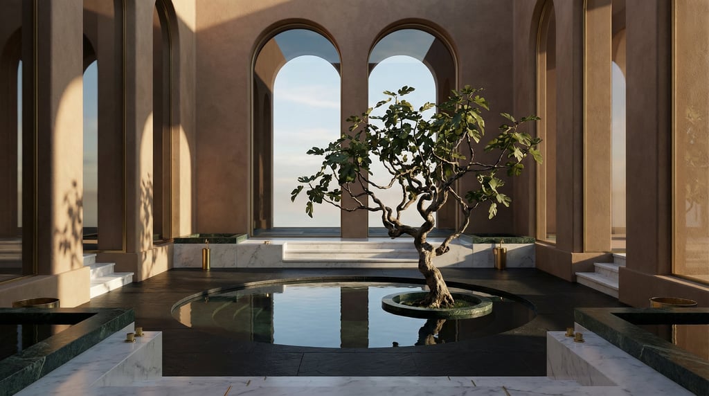 3D render of a contemplative garden enclosed by smooth rendered clay walls with Double-height arched