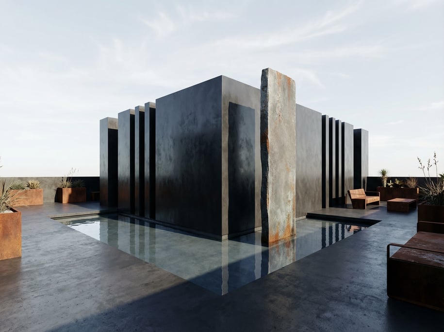 3D render of a rooftop sanctuary with polished plaster walls and an open sky above