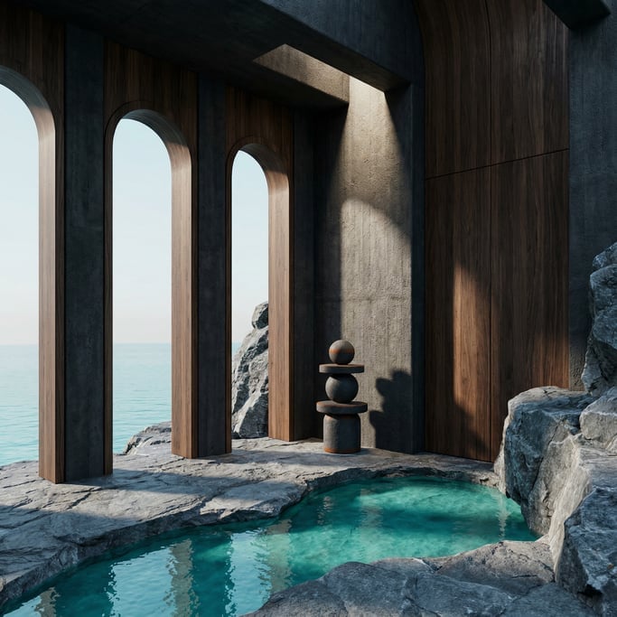 3D render of a brutalist coastal structure of dark pigmented concrete and dark walnut wood perched o