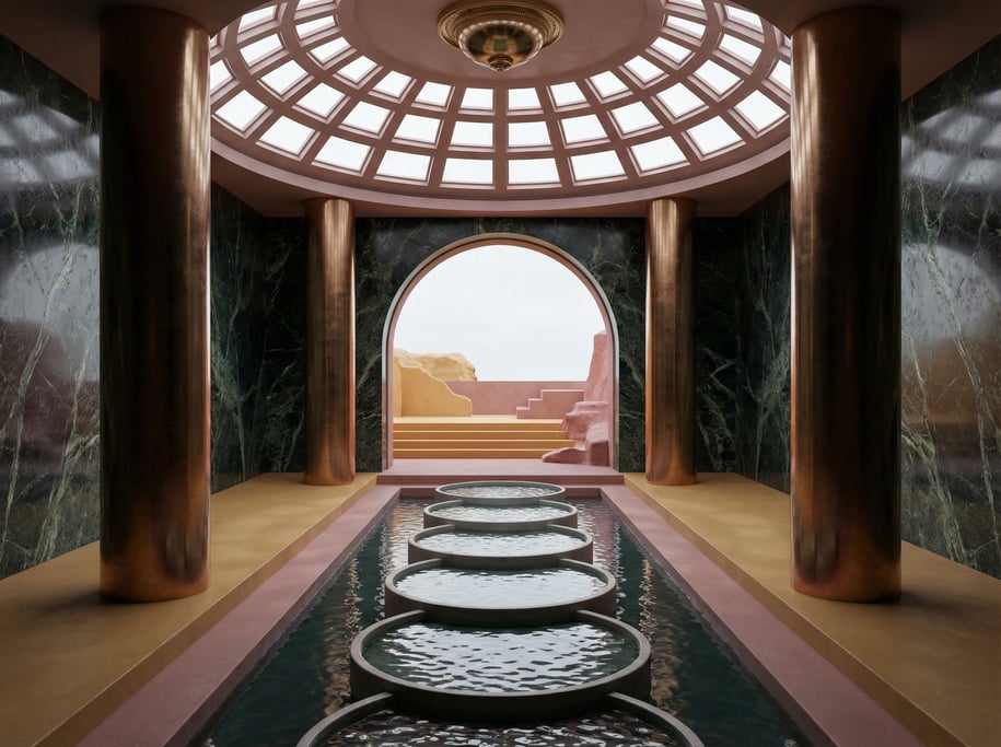 3D render of a Mediterranean warehouse conversion with dark verde marble walls and a domed ceiling w