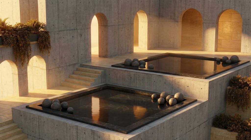 3D render of a hillside library with raw concrete with formwork marks retaining walls creating multi