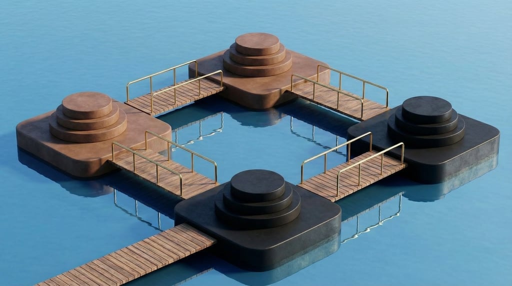 3D render of a series of interconnected polished plaster platforms stepping across a still crystalli