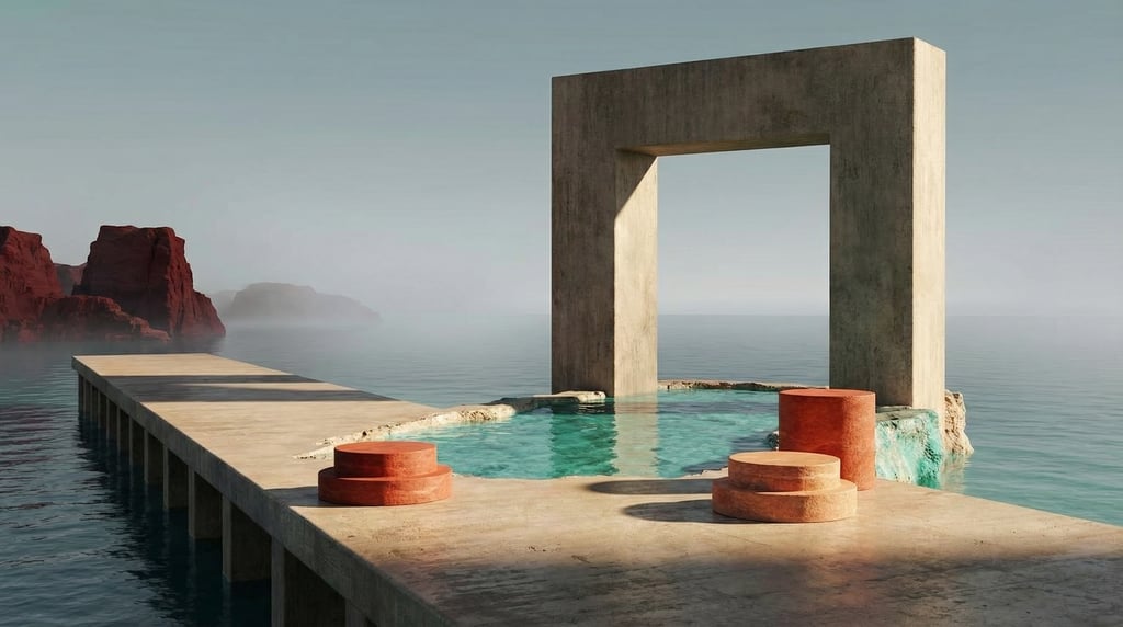 3D render of a weathered brushed concrete pier extending into a misty grey-blue sea