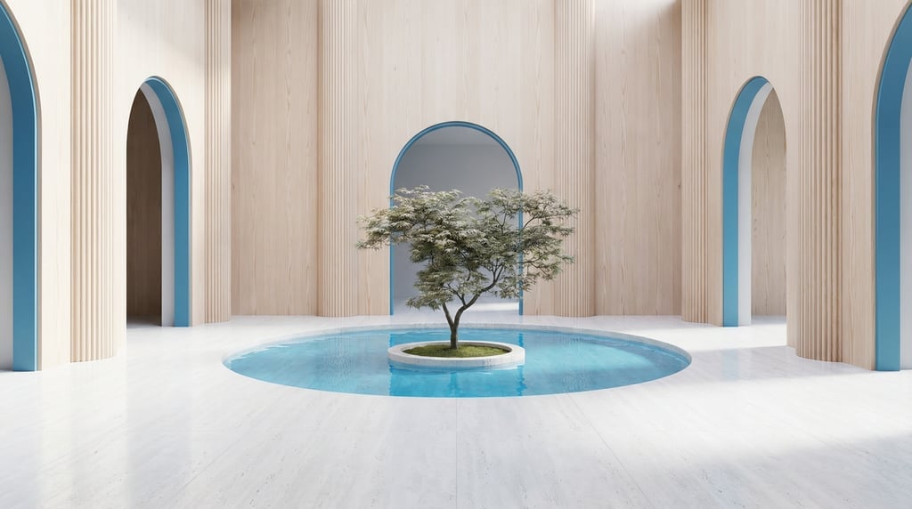 3D render of a contemplative garden enclosed by pale Douglas fir timber walls with Fluted half-colum