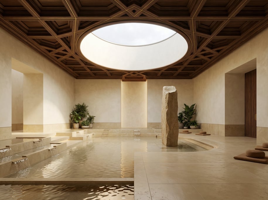 3D render of a meditation hall with lime-washed plaster walls and a a geometric coffered ceiling in