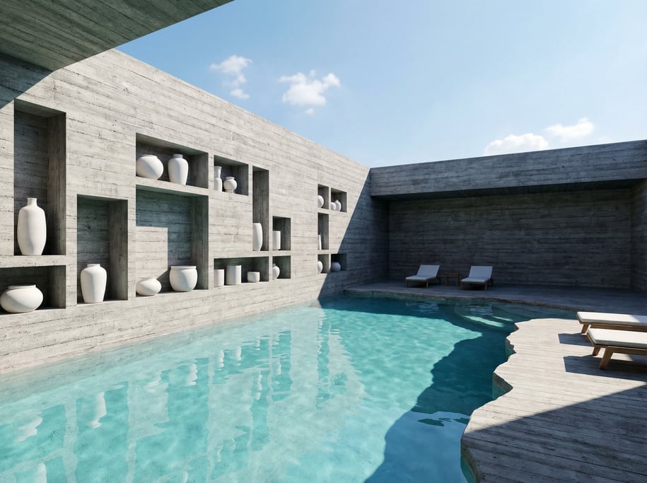 3D render of a rooftop reading room with raw board-formed concrete walls and an open sky above