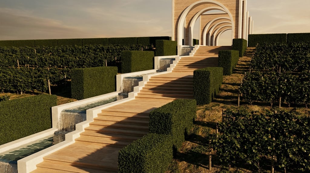 3D render of a vast terraced vineyard with wide steps of warm sandstone ascending the slope
