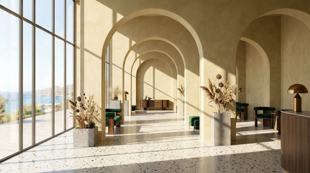 3D render of a Mediterranean gallery hall with lime-washed plaster walls and pale terrazzo floors