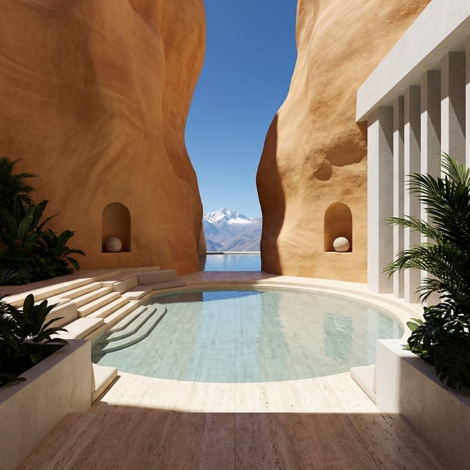 3D render of a tropical modernist spa carved into a smooth ochre sandstone canyon