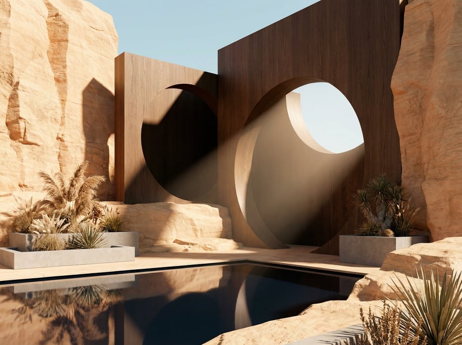 3D render of an arid landscape with geometric dark stained oak structures emerging from warm honey-t