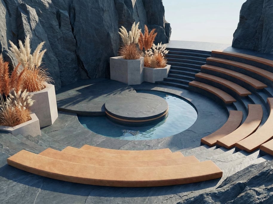 3D render of an open-air amphitheater carved into dark slate