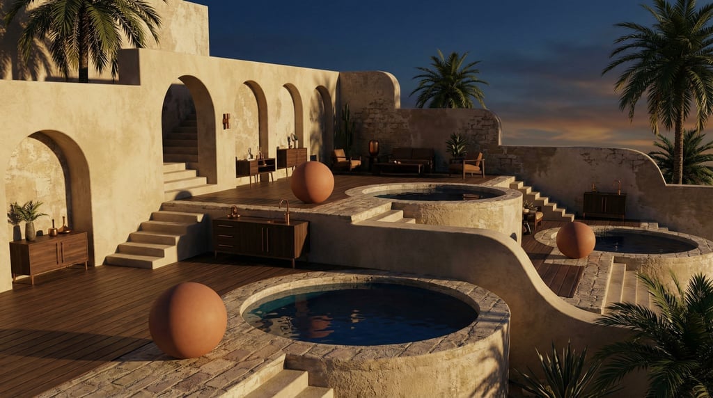 3D render of a hillside lounge with lime-washed plaster retaining walls creating multiple levels