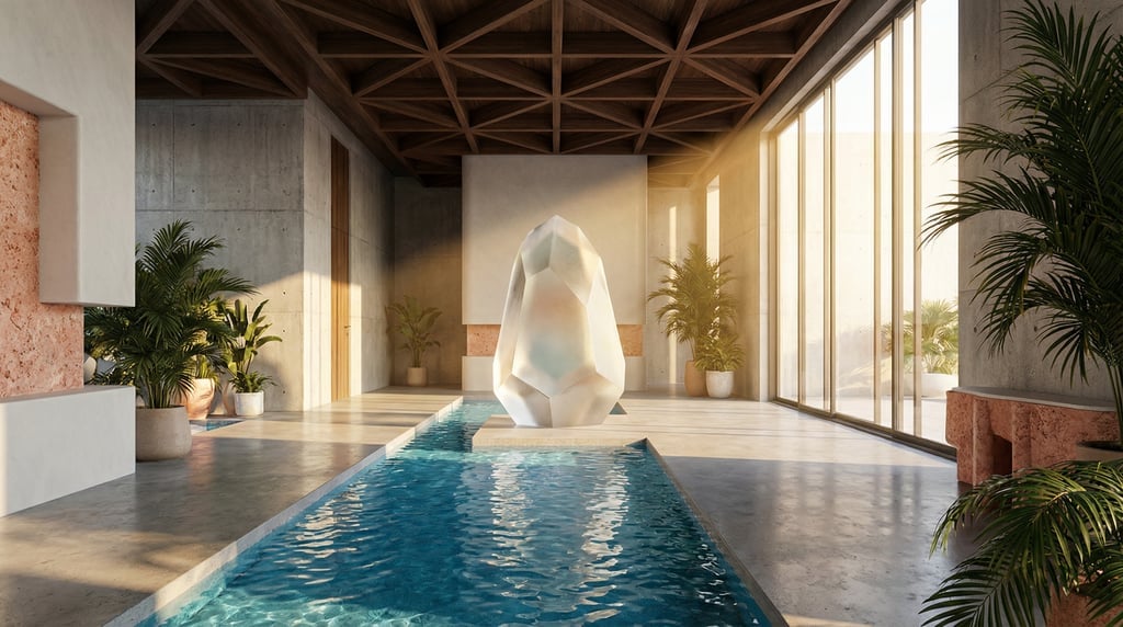 3D render of a tropical modernist warehouse conversion with brushed concrete walls and a geometric c