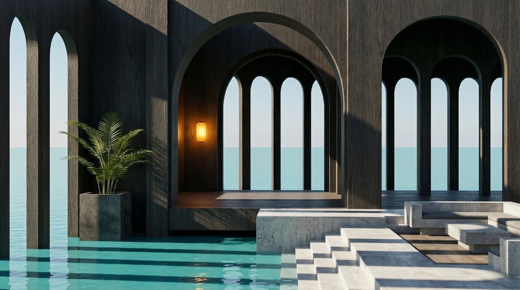 3D render of a modernist pavilion of dark stained oak built over a calm turquoise lagoon