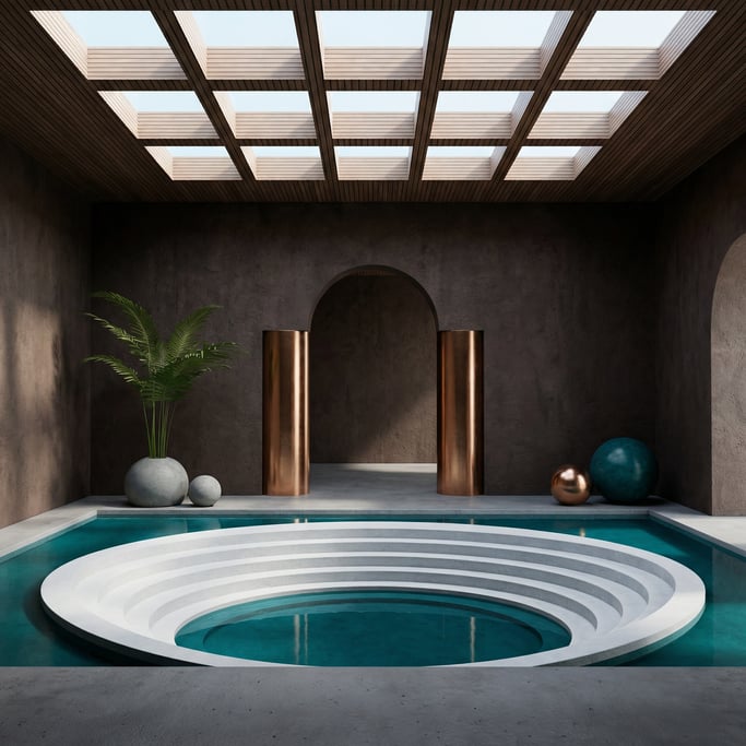 3D render of a meditation hall with dark pigmented concrete walls and a a slatted timber roof filter