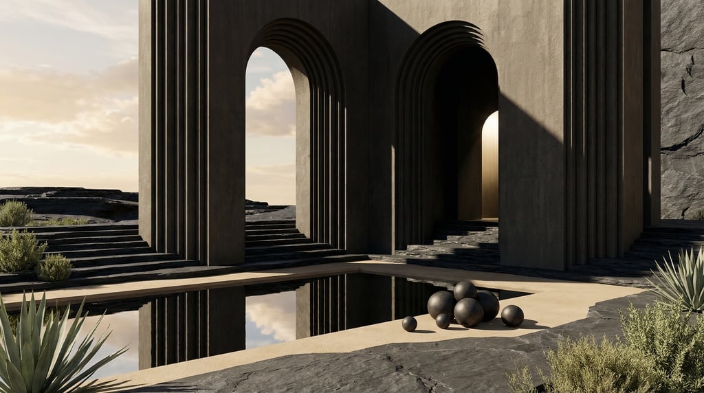 3D render of an arid landscape with geometric dark pigmented concrete structures emerging from dark