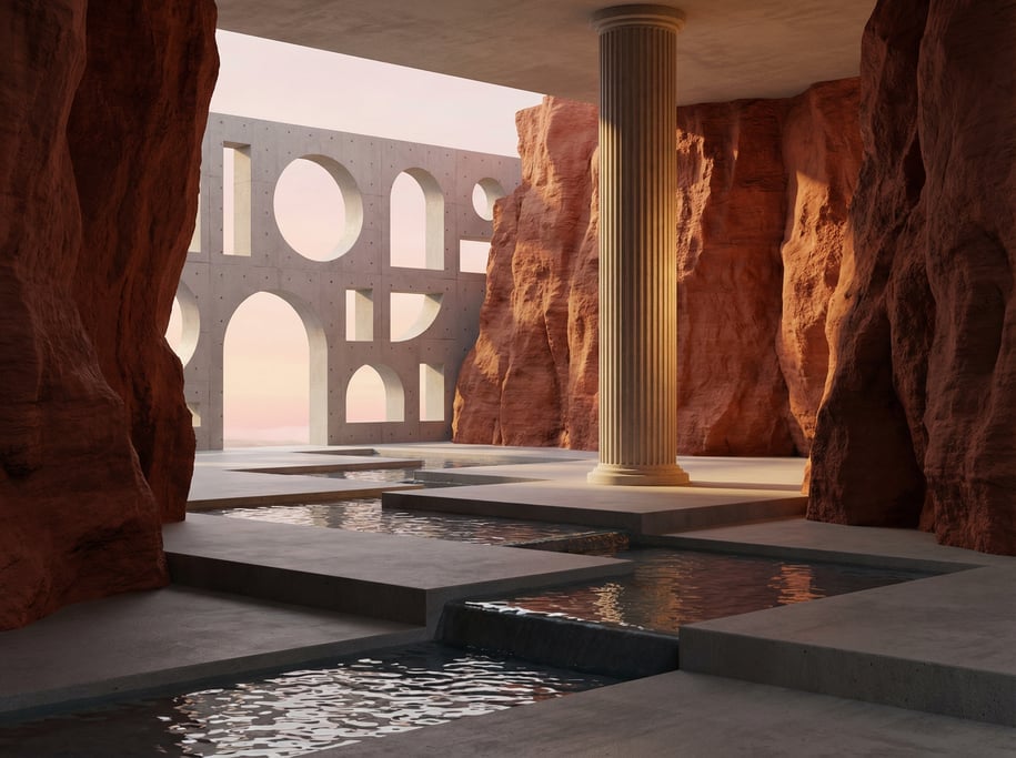 3D render of a desert sanctuary with rust-red canyon rock walls and A perforated wall with geometric