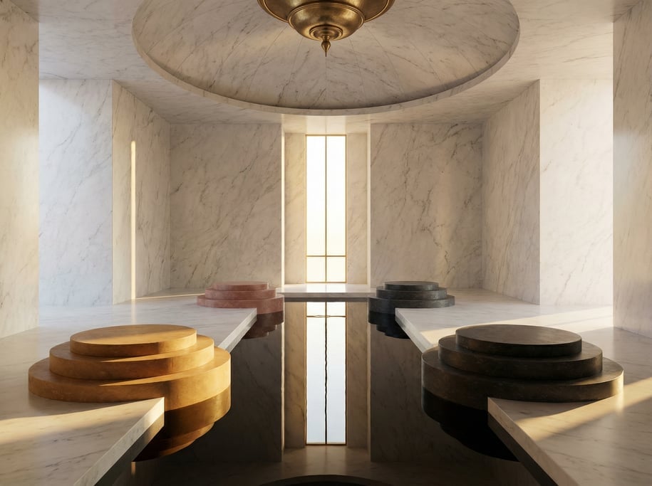 3D render of a brutalist warehouse conversion with white Carrara marble walls and a domed ceiling wi