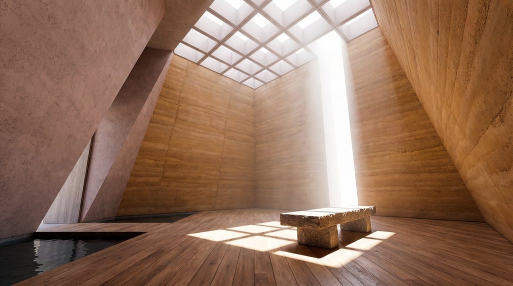 3D render of a minimalist chapel interior with rammed earth in warm ochre walls converging toward A
