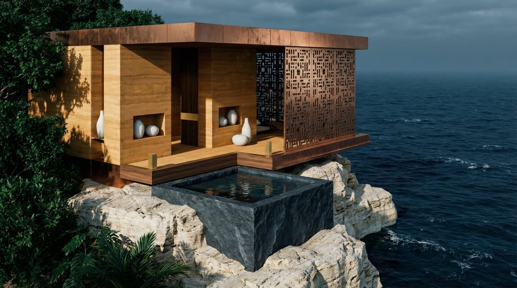 3D render of a Japanese-inspired coastal structure of rammed earth in warm ochre and copper panels p