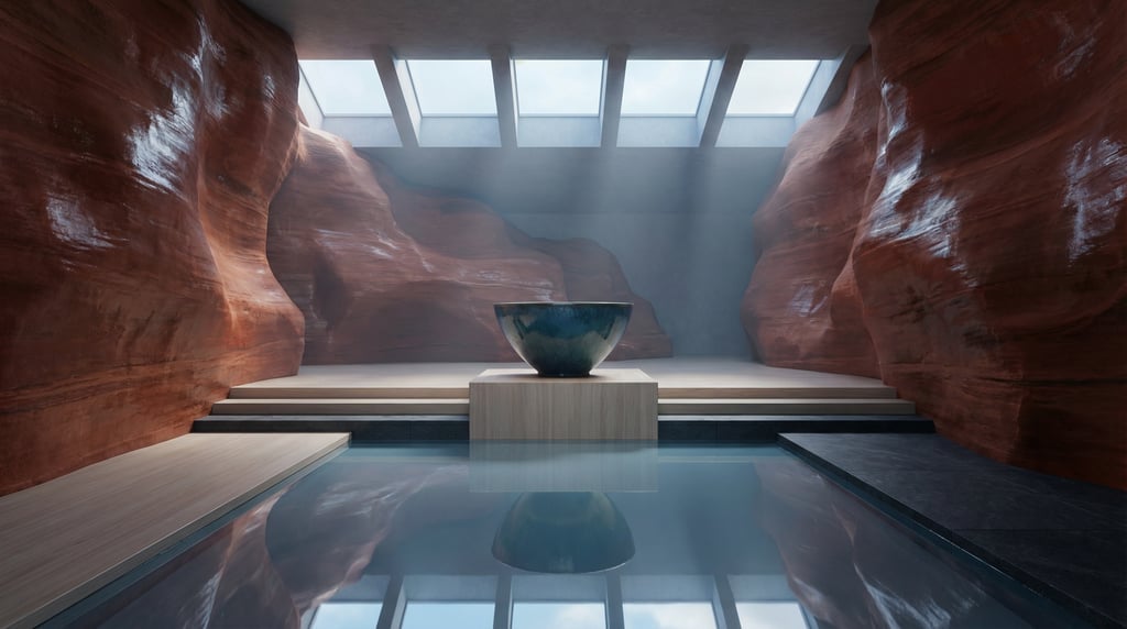 3D render of a cave-like gallery space with rust-red canyon rock walls smoothed to a polish