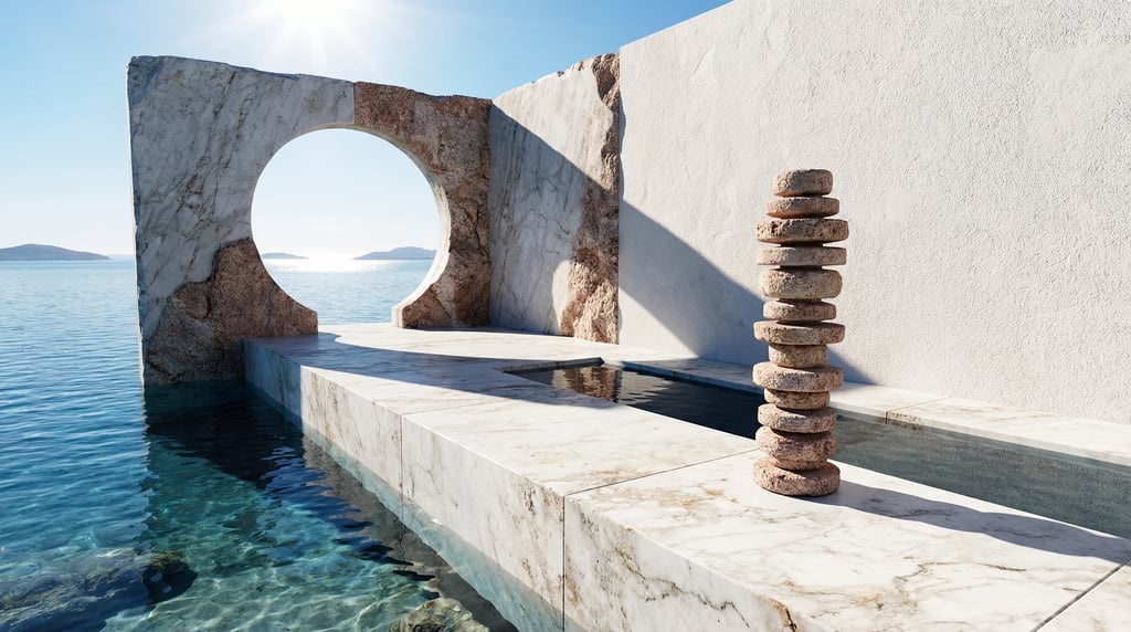 3D render of a weathered white Carrara marble pier extending into a crystal-clear Mediterranean wate