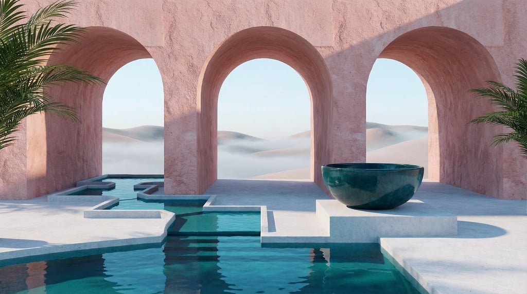 3D render of a desert sanctuary with raw pink sandstone walls and Wide barrel-vaulted openings openi