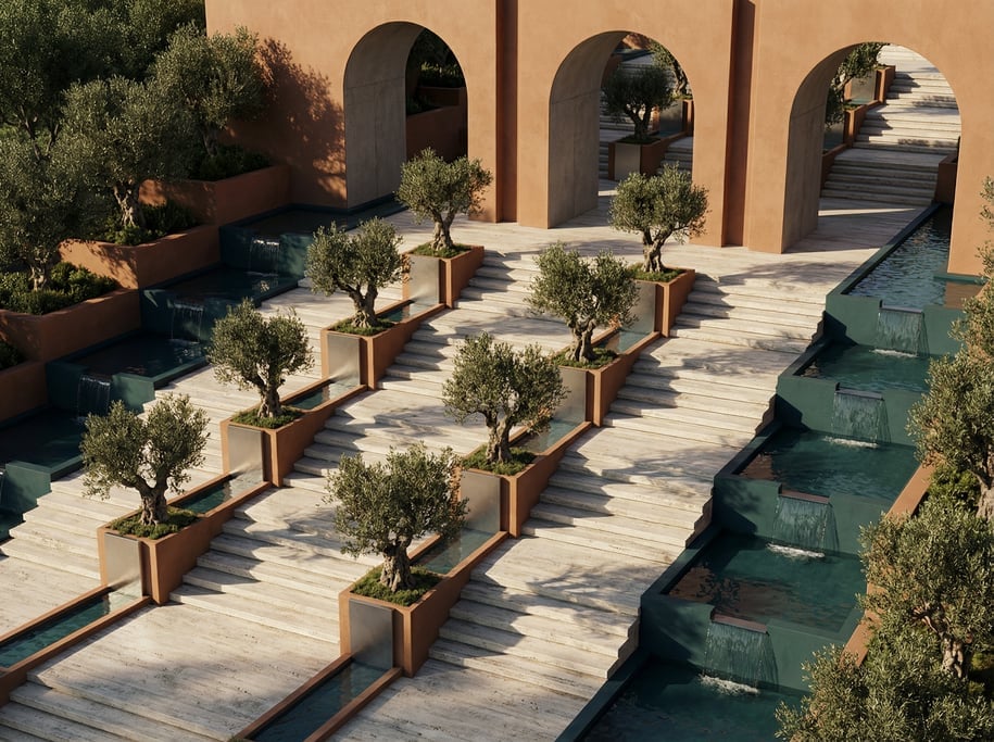 3D render of a vast terraced garden with wide steps of bleached limestone ascending the slope
