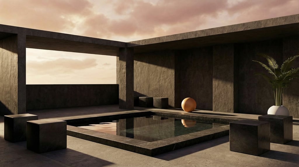 3D render of a rooftop garden pavilion with dark pigmented concrete walls and an open sky above