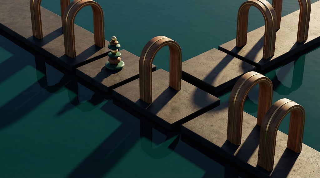 3D render of a series of interconnected dark pigmented concrete platforms stepping across a still de