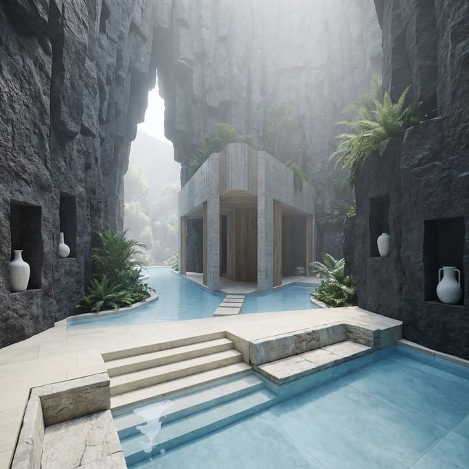 3D render of a tropical modernist spa carved into a charcoal-grey basalt canyon