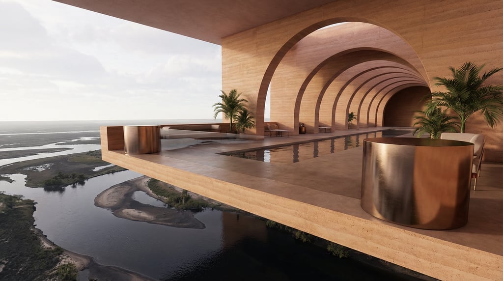 3D render of a cantilevered observation deck in rammed earth in warm ochre extending over a wide riv