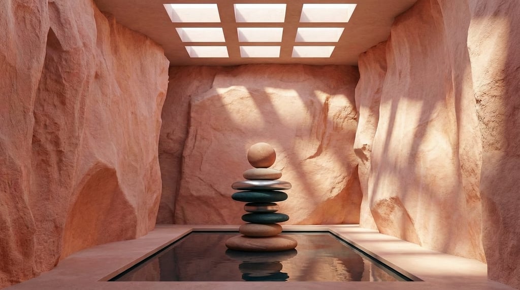 3D render of a cave-like gallery space with raw pink sandstone walls smoothed to a polish