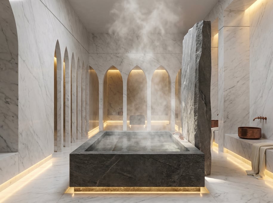 3D render of a Mediterranean bathhouse with white Carrara marble walls and A row of slender pointed