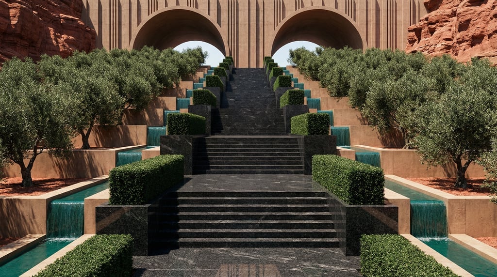 3D render of a vast terraced orchard with wide steps of dark granite ascending the slope