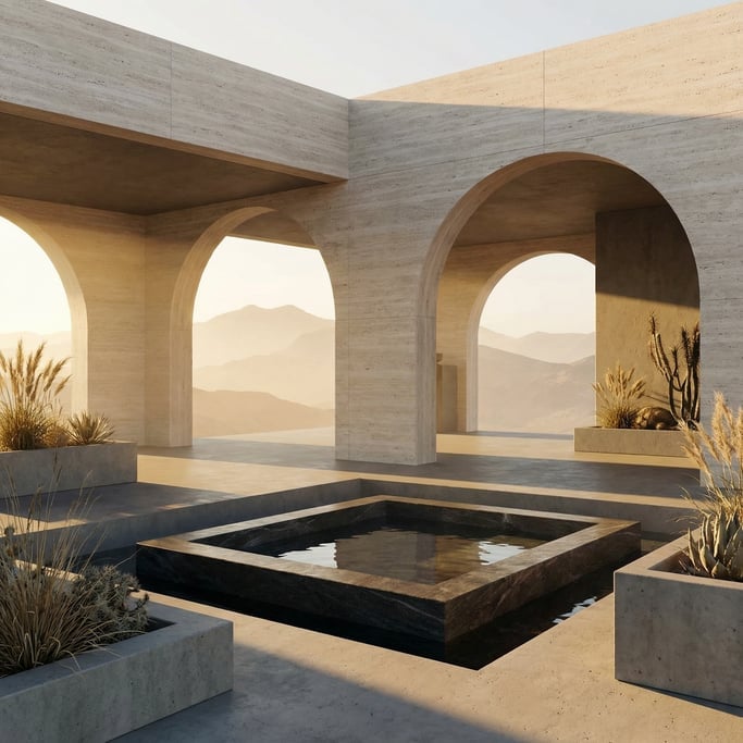 3D render of a desert sanctuary with pale travertine walls and Wide barrel-vaulted openings opening