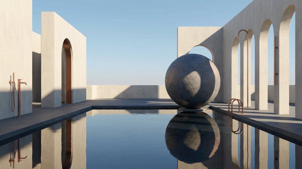 3D render of a rooftop observatory with smooth off-white concrete walls and an open sky above